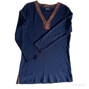 Lauren Ralph Lauren Faux Suede Trim V Neck Tunic Top Navy Size Medium